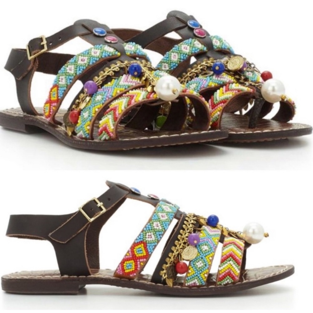 Sam Edelman Brown Leather Multicolor Beaded Gladiator Sandals